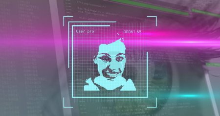 Image of user photos and data processing over female eye. Computers, social media, data processing and technology concept digitally generated image.