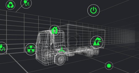Téléchargez les photos : Image de plusieurs icônes numériques sur le modèle de camion 3D se déplaçant dans un modèle sans couture dans un tunnel. Ingénierie automobile et concept d'énergie durable - en image libre de droit