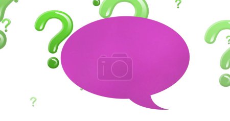 Image of speech bubble over question marks on white background. Global education and digital interface concept digitally generated image.