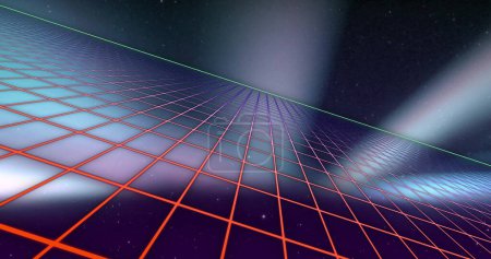 Photo for Image of grid pattern and lens flares over black background. Digitally generated, hologram, illustration, lights, glittering, glowing, abstract and three dimensional concept. - Royalty Free Image