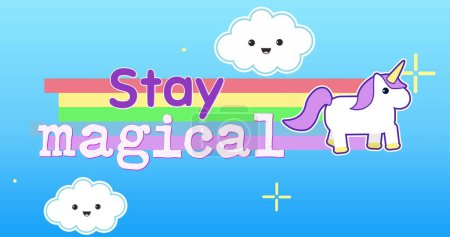 Digital image of unicorn running across the screen while leaving behind rainbow with text that reads stay magical. The background is a blue sky with smiling clouds and yellow stars that moves to the left. 4k