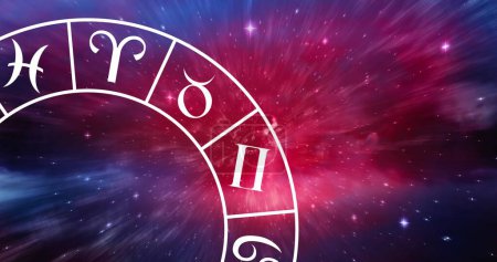 Zusammensetzung des Steinbock-Sternzeichensymbols im sich drehenden Tierkreisrad über glühenden Sternen. Horoskop und Tierkreiszeichen-Konzept digital generiertes Bild.