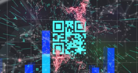 Foto de Imagen de un código QR azul sobre una red roja de conexión, un gráfico azul que aparece y un mapa mundial azul sobre una cuadrícula sobre fondo negro. Imagen compuesta digital - Imagen libre de derechos