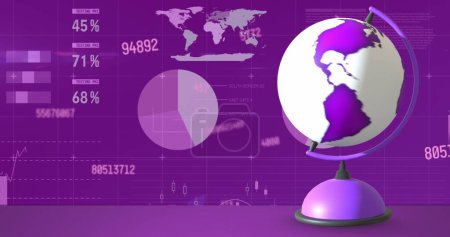Image of globe moving and data processing, world map on pink background. Education, digital interface and school concept, digitally generated image.