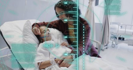 Image of data processing over biracial girl patient with mum in hospital bed. Global healthcare, science, medicine, research, computing and data processing concept digitally generated image.