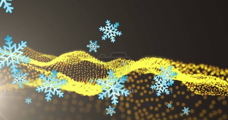 Bild von Schneeflocken über hellen Flecken auf schwarzem Hintergrund. Winter-, Licht- und Bewegungskonzept digital generiertes Bild.
