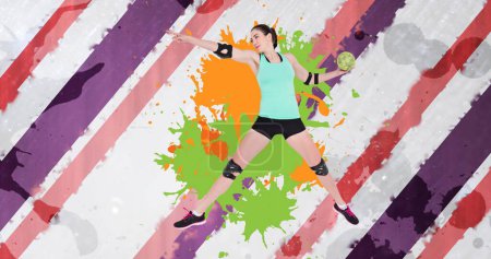 Foto de Imagen de una jugadora de balonmano caucásica sosteniendo la pelota sobre rayas de colores. concepto deportivo y de competición imagen generada digitalmente. - Imagen libre de derechos