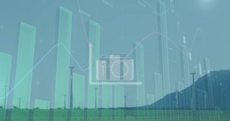 Photo for Image of graphs with financial data moving against wind turbines on field. Digital composite, multiple exposure, technology, power generation, sustainable energy, development, finance, economy. - Royalty Free Image