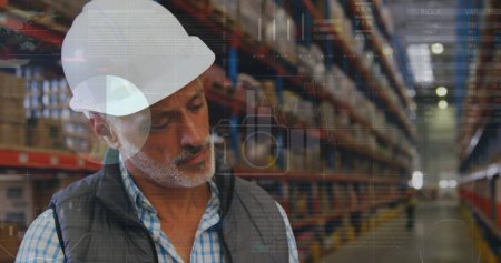 Photo for Image of data processing over man working in warehouse. global shipping, delivery and connections concept digitally generated image. - Royalty Free Image
