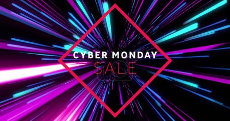 Bild vom Cyber-Monday-Sale über rosa und blaue Leuchtspuren. Globale Cyber-Verkäufe, Verbindungen, Computer- und Datenverarbeitungskonzept digital generiertes Bild.