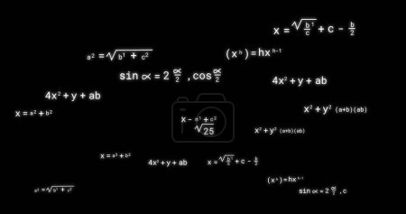 Image of icons over mathematical equations on black background. Education, learning, knowledge, science and digital interface concept digitally generated image.