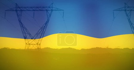 Image of flag of ukraine over field and electricity poles. ukraine crisis, economic and energetic crash and international politics concept digitally generated image.