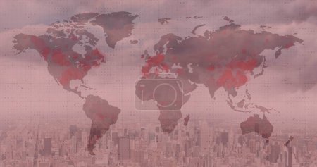 Image of world map with red covid 19 pandemic points over cityscape on red background. global coronavirus covid 19 pandemic concept digitally generated image.