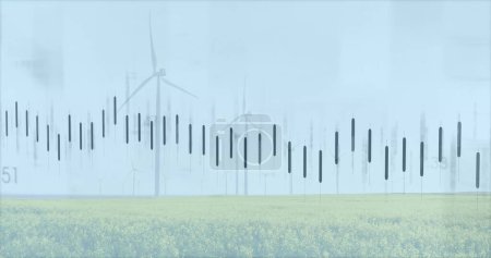 Image of financial data processing over wind turbines and landscape. global finance, business and digital interface concept digitally generated image.