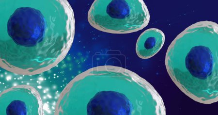 Téléchargez les photos : Image de micro de cellules bleues et turquoise sur fond coloré vif. Concept mondial de science, de recherche et de médecine image générée numériquement. - en image libre de droit