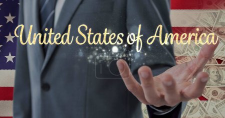 Image of united states of america text over man reaching his hand and american flag. patriotism and celebration concept digitally generated image.