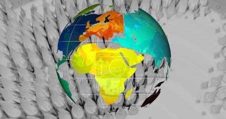 Foto de Imagen de globo colorido girando con fondo caleidoscópico gris 3d. concepto de red de comunicación global creciente, imagen generada digitalmente. - Imagen libre de derechos