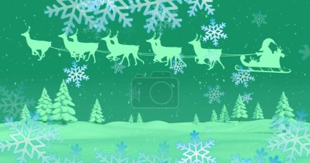 Téléchargez les photos : Image de Noël santa claus en traîneau avec rennes sur fond vert. Noël, fête, célébration et concept de tradition image générée numériquement. - en image libre de droit