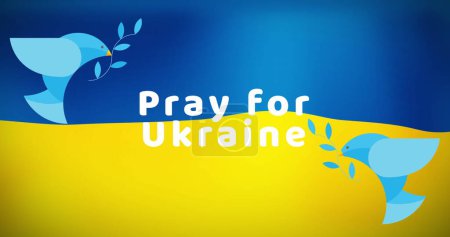 Image of pray for ukraine and dove over flag of ukraine. ukraine crisis and international politics concept digitally generated image.