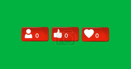 Photo for Digital image of follow, like and heart icons with increasing numbers on a green background 4k - Royalty Free Image