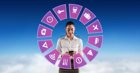 Image of travel icons and caucasian woman using smartphone. Global travel, technology, digital interface and data processing concept digitally generated image.
