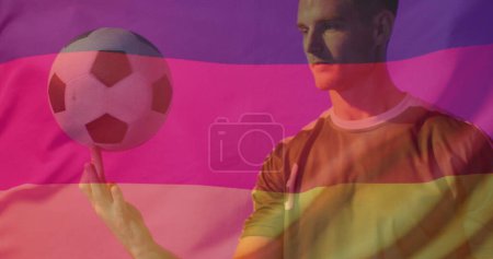 Photo for Image of caucasian male soccer player over flag of germany. Global patriotism, celebration, sport and digital interface concept digitally generated image. - Royalty Free Image