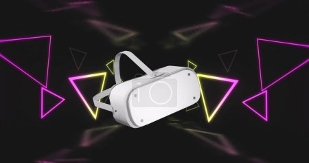 Photo for Image of vr headset over neon triangle shapes and data processing. Global image reality, computing, digital interface and data processing concept digitally generated image. - Royalty Free Image