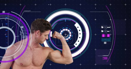 Image of strong muscular man with scope scanning and data processing. global sport, competition, technology, data processing and digital interface concept digitally generated image.