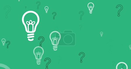 Téléchargez les photos : Image of lightbulb icons over question marks on green background. Global education and digital interface concept digitally generated image. - en image libre de droit