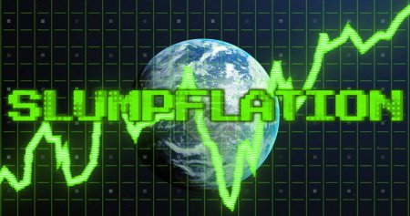 Photo for Image of slumpflation text in green over green graph processing data and globe. Global business economy, stagnation, inflation and digital communication concept digitally generated image. - Royalty Free Image