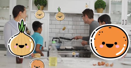 Téléchargez les photos : Image d'oignons et d'oranges sur la famille asiatique heureuse faisant des crêpes dans la cuisine. temps en famille, convivialité et concept de ventilateur de sport image générée numériquement. - en image libre de droit
