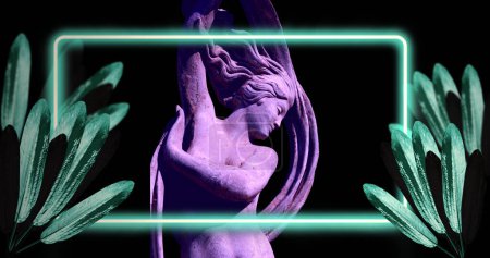 Photo for A purple statue of a woman is framed by neon lights and plants. The artwork blends classical sculpture with modern neon aesthetics for a striking visual contrast. - Royalty Free Image