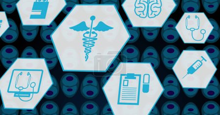 abstract dark background with conceptual medical icons.