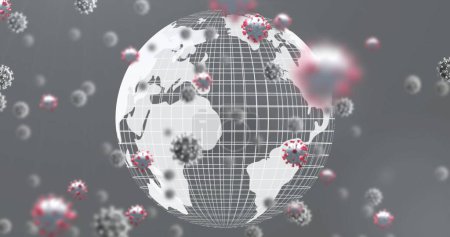 Téléchargez les photos : Image de cellules macro Covid-19 flottant sur fond gris avec un modèle de globe. Coronavirus Covid-19 pandémie concept composite numérique. - en image libre de droit