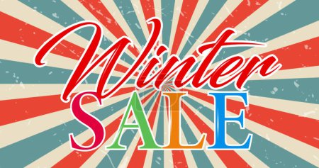 Image of winter sale text banner against blue and red radial rays spinning in seamless pattern. Sale discount and retail business concept