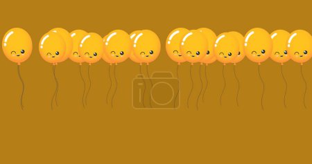 A row of cartoon orange balloons with smiling faces. They are depicted against a solid orange background, creating a cheerful and playful vibe.