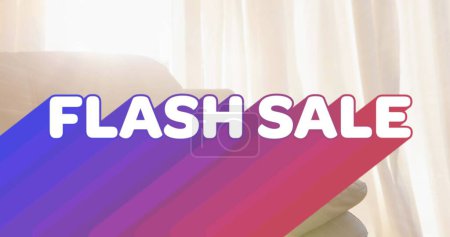 Image of retro flash sale text with rainbow shadow over sofa in sunny room. vintage retail, savings and shopping concept digitally generated image.