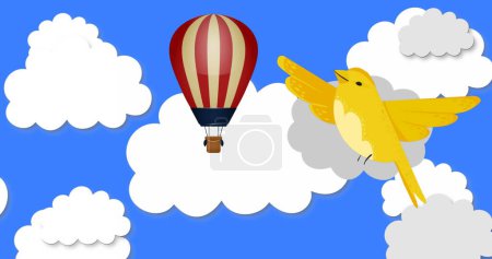 Téléchargez les photos : Image d'oiseau avec nuages et montgolfière sur fond gris. concept de fête et de célébration image générée numériquement. - en image libre de droit