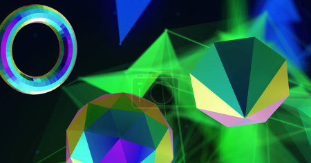 Image of 3d multicoloured shapes over neon connections on black background. Abstract, colour, shape and movement concept digitally generated image.