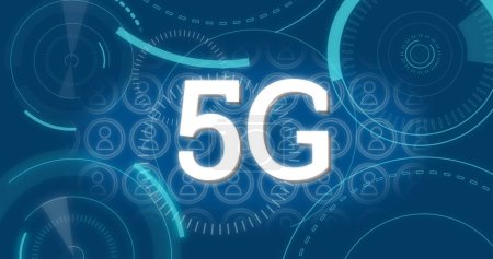 Photo for Digital image of a forming 5g technology with four moving digital circles at the corners, and one on top, and a set of vector icons of people moving downward at the back of 5g, on a a blue background 4k - Royalty Free Image