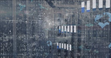 Photo for Image of mathematical equations and data processing over server room. Global technology, computing and digital interface concept digitally generated image. - Royalty Free Image