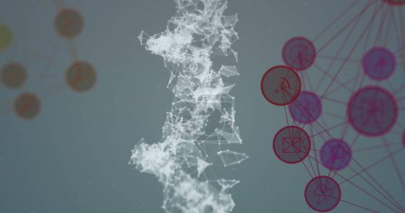 Téléchargez les photos : Image de brin d'ADN rotatif et réseau d'icônes de connexion flottant sur fond blanc. Concept mondial de pandémie de coronavirus image générée numériquement. - en image libre de droit
