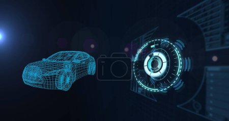 Bild einer 3D-Autozeichnung mit Scannen des Scanners und Datenverarbeitung. globale Automobilindustrie, Technologie, Datenverarbeitung und digitales Schnittstellenkonzept digital generiertes Bild.