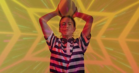 Photo for Image of neon pattern over female rugby player on neon background. Sports and communication concept digitally generated image. - Royalty Free Image