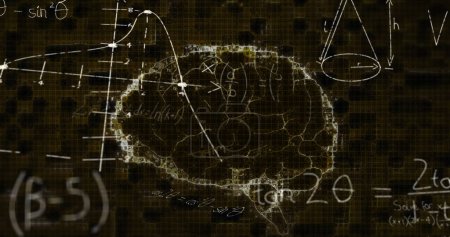 Photo for Image of a digital brain icon and mathematical formulae floating on black background. Coronavirus Covid-19 pandemic concept digital composite. - Royalty Free Image