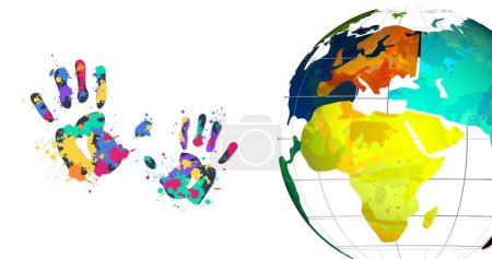 Photo for Image of handprints and globe on white background. Universal childrens day and celebration concept digitally generated image. - Royalty Free Image