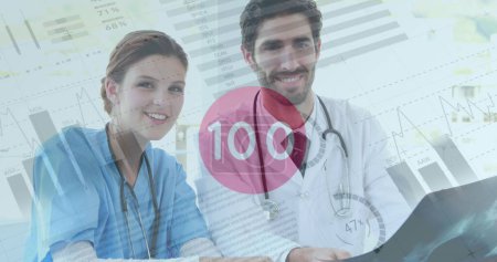Image of infographic interface, changing numbers in circle, caucasian doctors discussing reports. Digital composite, multiple exposure, business, global, medical, healthcare, technology.