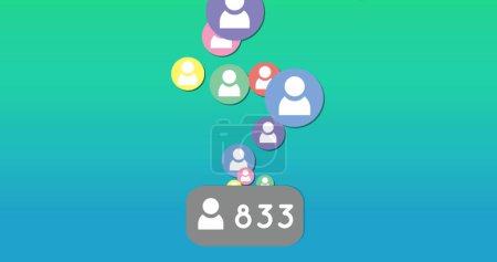 Imagen digital de múltiples iconos humanos flotantes sobre un número creciente de seguidores sobre un fondo de degradado azul y verde 4k