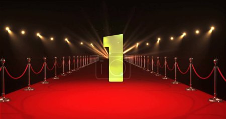 Photo for Image of countdown to midnight over red carpet and spots of light on black background. New year, new year's eve, party, celebration and tradition concept digitally generated image. - Royalty Free Image