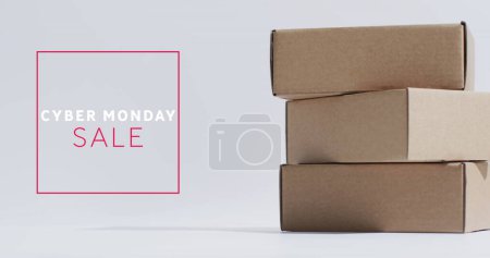 Photo for Image of cyber monday sale text over gift boxes. Sales, retail, cyber shopping, digital interface, communication, computing and data processing concept digitally generated image. - Royalty Free Image